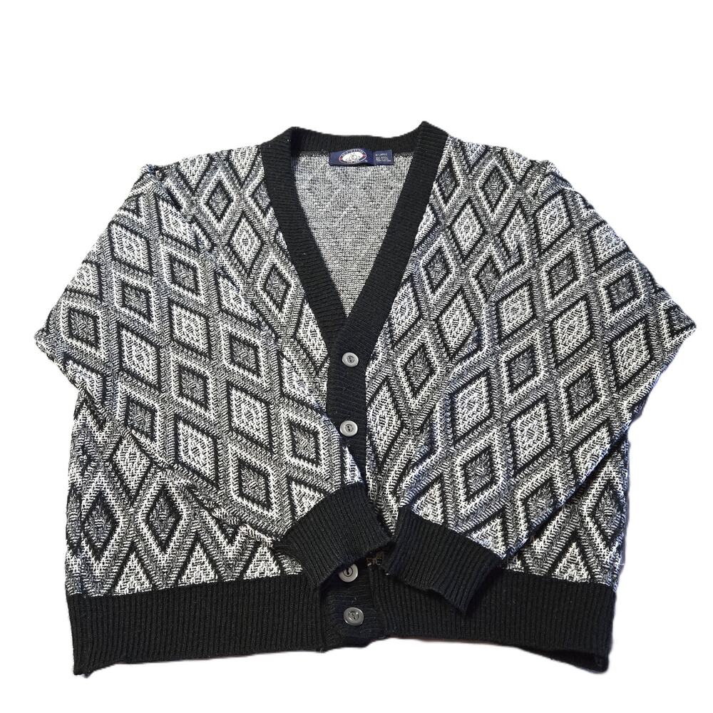 Vintage Knights Bridge Sz XL Black Geometric Knit Cardigan Sweater